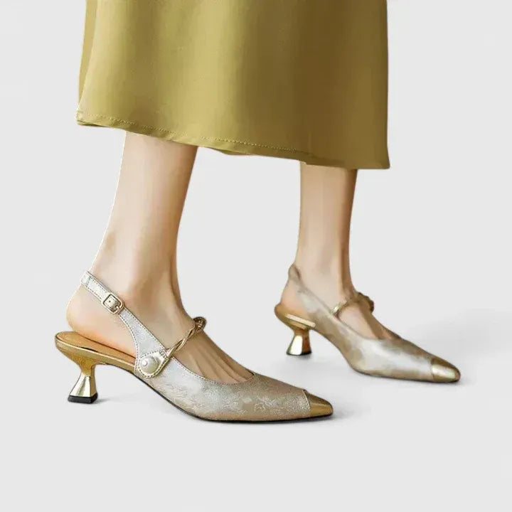 Pointed Toe Mary Jane Shoes with Slingback Heel Beige 3