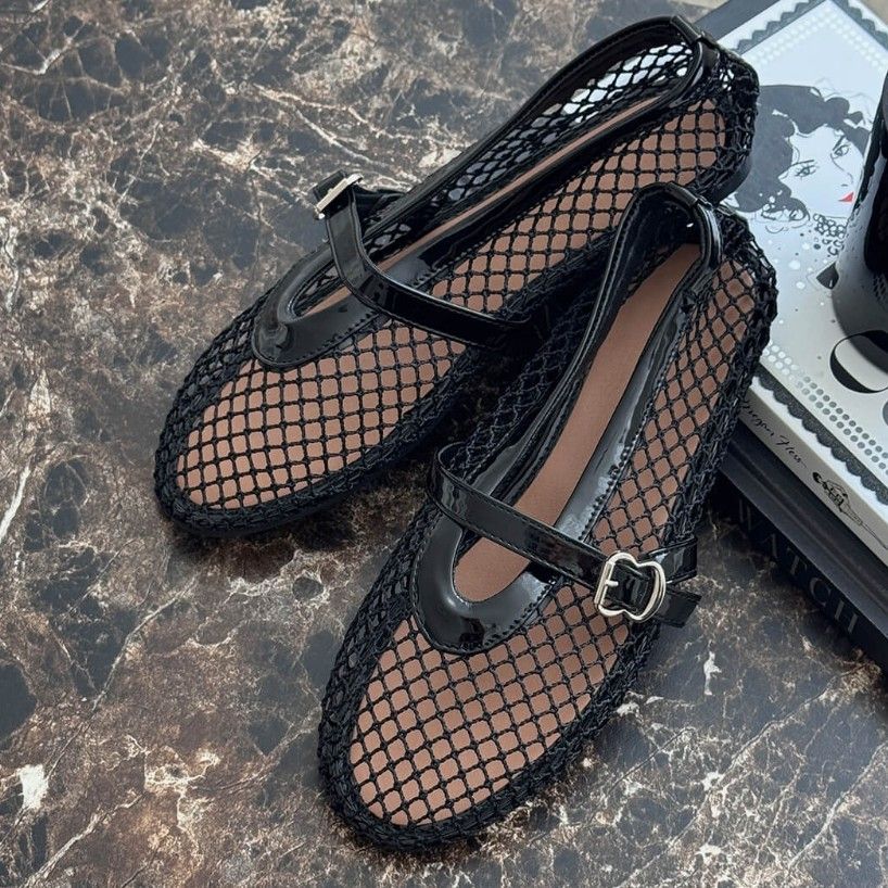 Pointed Toe Mesh Flats with Buckle Black 1