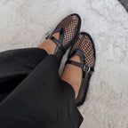 Pointed Toe Mesh Flats with Buckle Black 2