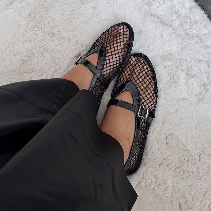 Pointed Toe Mesh Flats with Buckle Black 2
