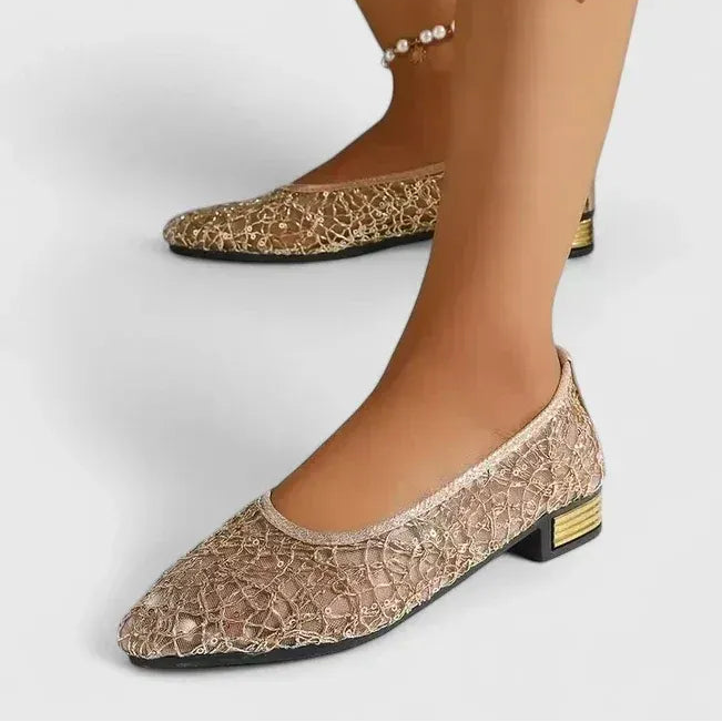 Pointed Toe Mesh Flats with Reflective Detail Gold 1