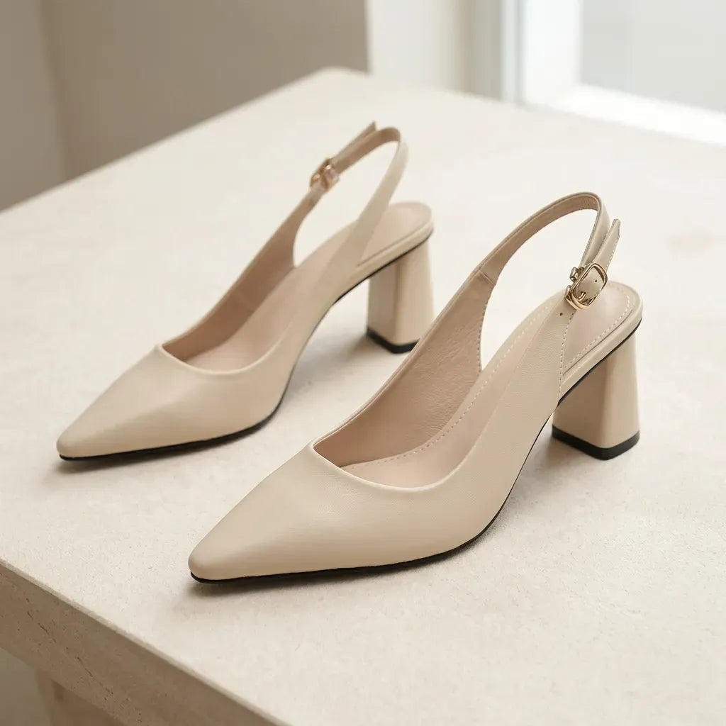 Pointed Toe Slingback Heels with Block Heel Beige 1