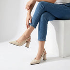 Pointed Toe Slingback Heels with Block Heel Beige 3