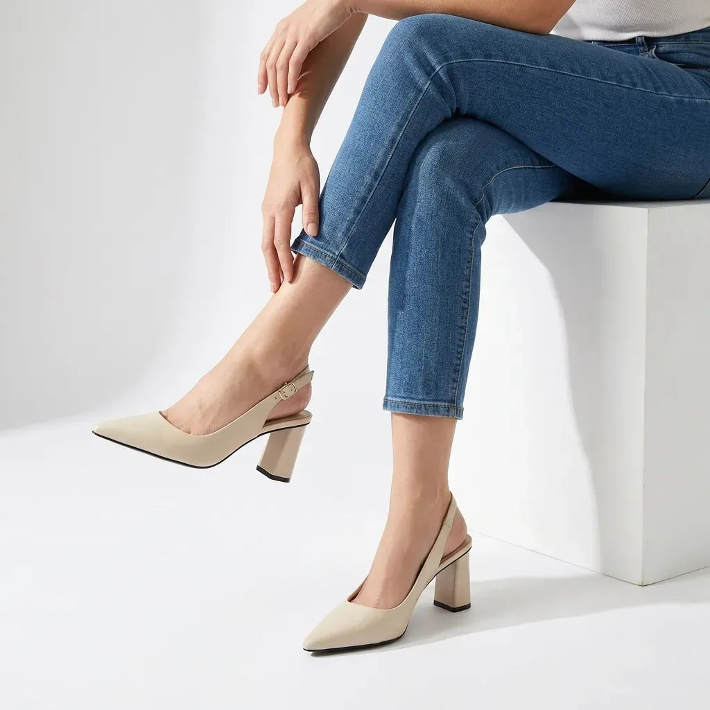 Pointed Toe Slingback Heels with Block Heel Beige 3