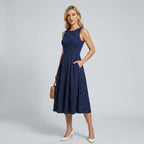 Polka Dot Midi Skater Dress with Pockets Navy 2