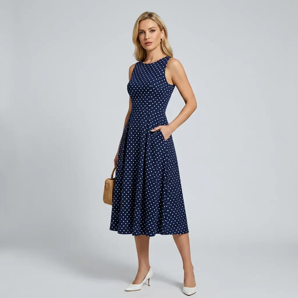 Polka Dot Midi Skater Dress with Pockets Navy 2