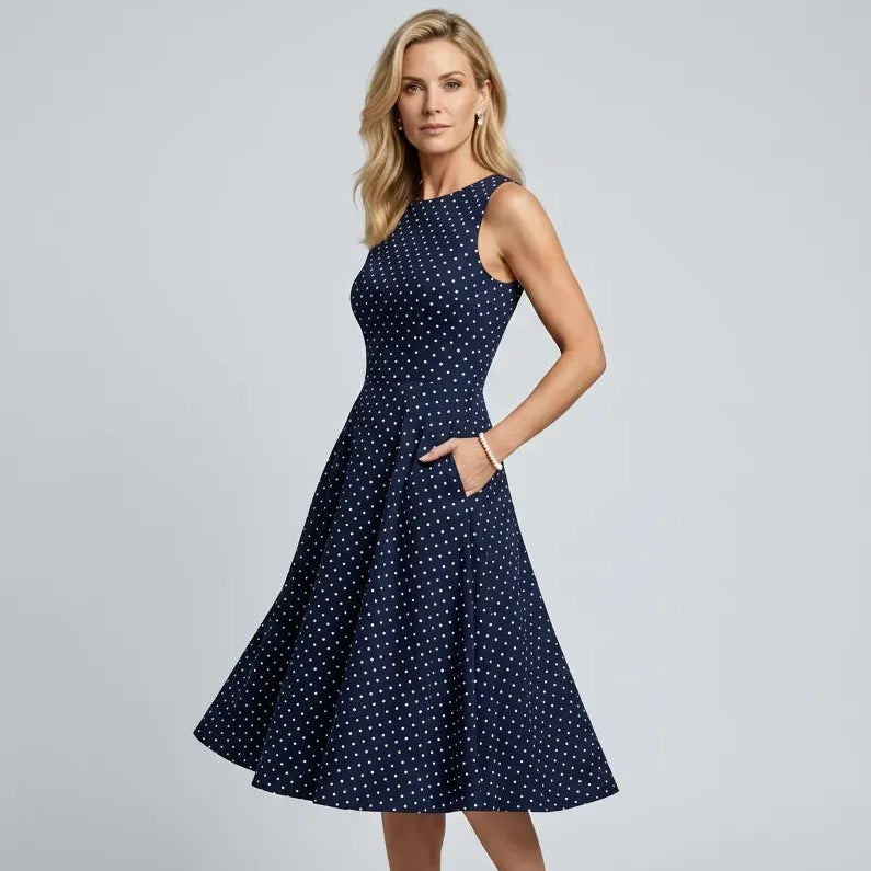 Polka Dot Midi Skater Dress with Pockets Navy 3