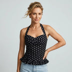 Polka Dot Peplum Top with Ruffle Detail Black 3