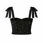 Polka Dot Top Sleeveless Sweetheart Neck Smocked Black 5
