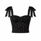 Polka Dot Top Sleeveless Sweetheart Neck Smocked Black 6