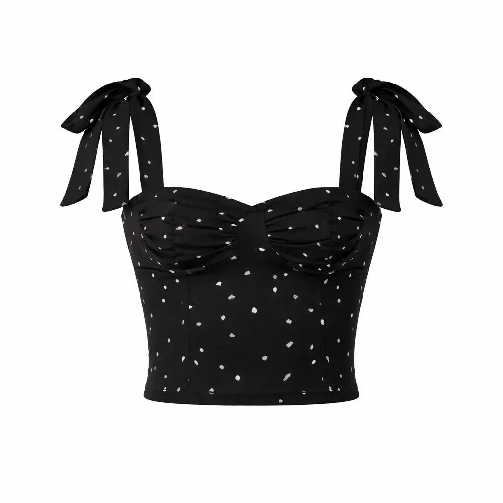 Polka Dot Top Sleeveless Sweetheart Neck Smocked Black 6