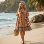 Printed Cotton Boho Dress with V Neck Yellow 1