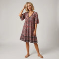 Printed Cotton Boho Dress with V Neck Red 2