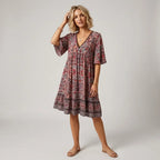 Printed Cotton Boho Dress with V Neck Red 2