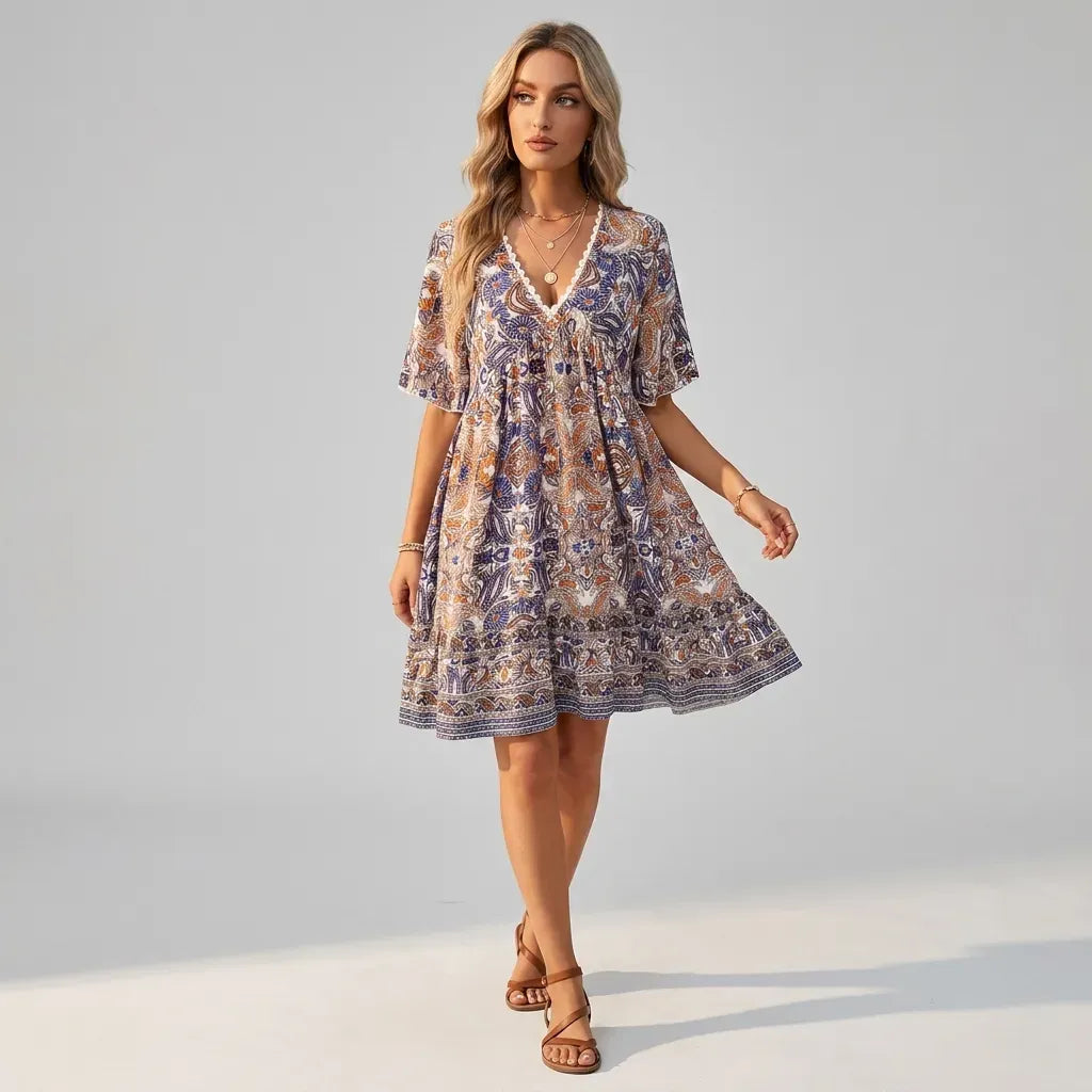Printed Cotton Boho Dress with V Neck Blue 3