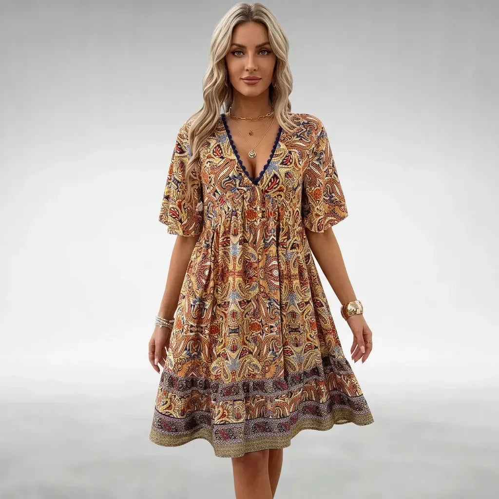 Printed Cotton Boho Dress with V Neck Yellow 4