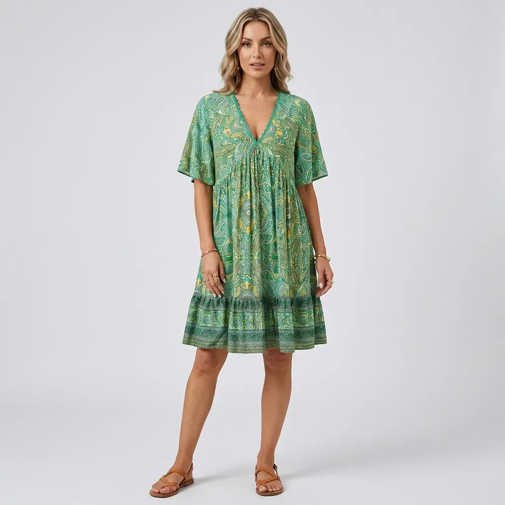 Printed Cotton Boho Dress with V Neck Green 5