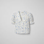 Women’s Short Puff Sleeve V-Neck Blouse with Wide Collar