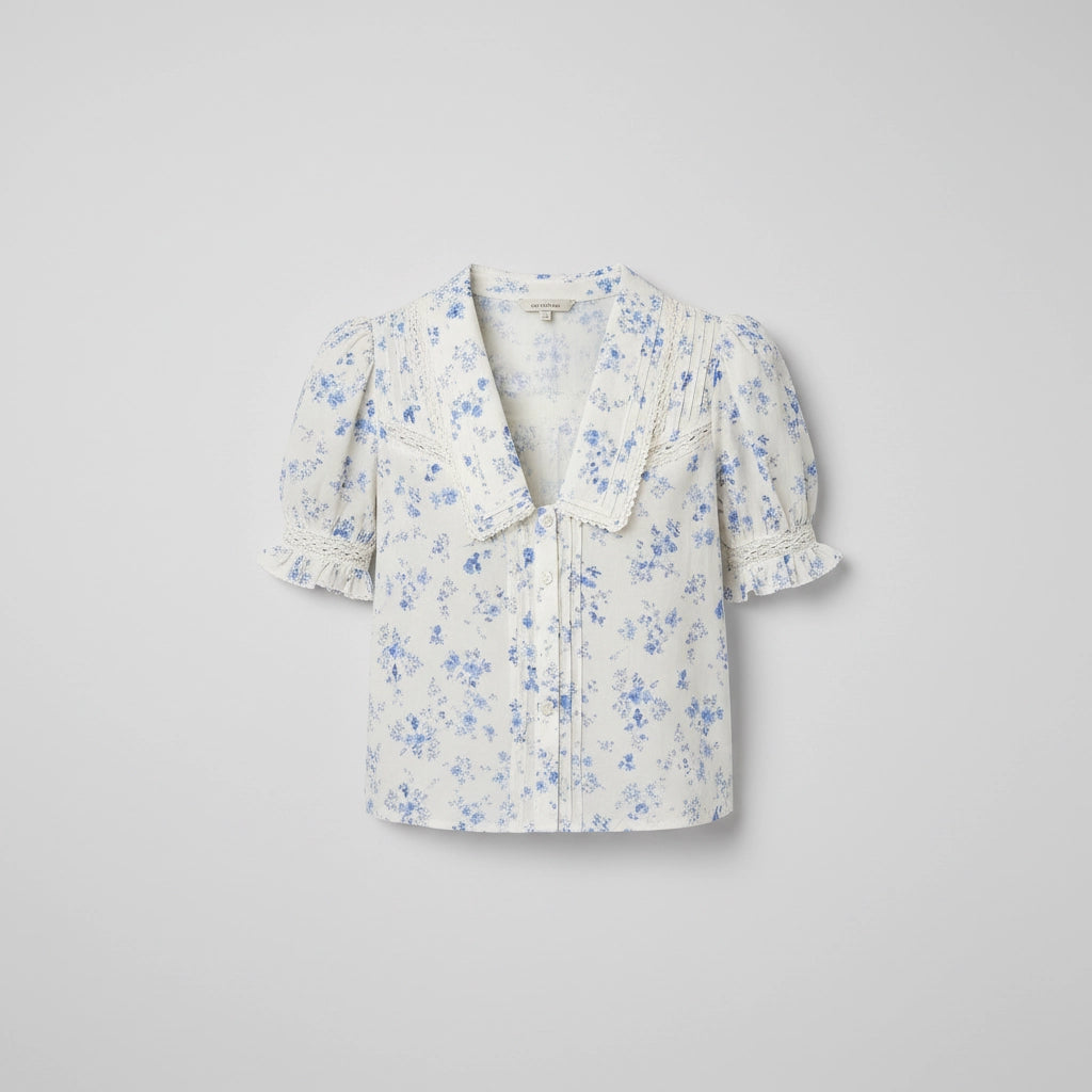 Women’s Short Puff Sleeve V-Neck Blouse with Wide Collar