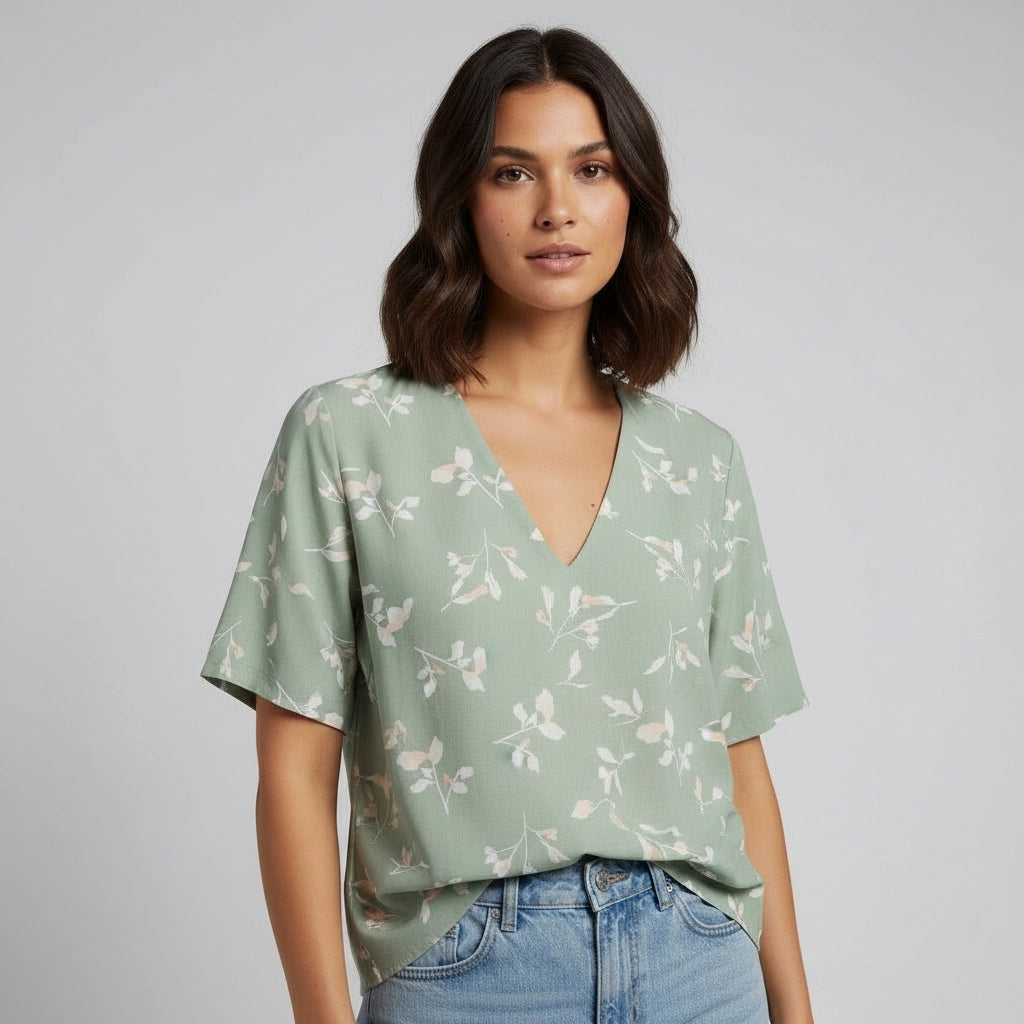 Floral V Neck Relaxed Fit Blouse