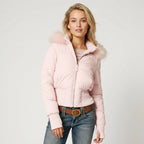 Quilted Jacket with Hood in Cropped Fitted Style Pink 10