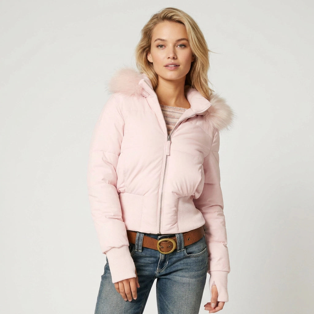 Quilted Jacket with Hood in Cropped Fitted Style Pink 10