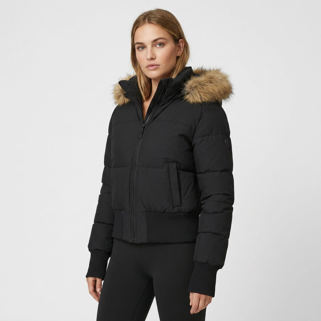 Quilted Jacket with Hood in Cropped Fitted Style Black 11