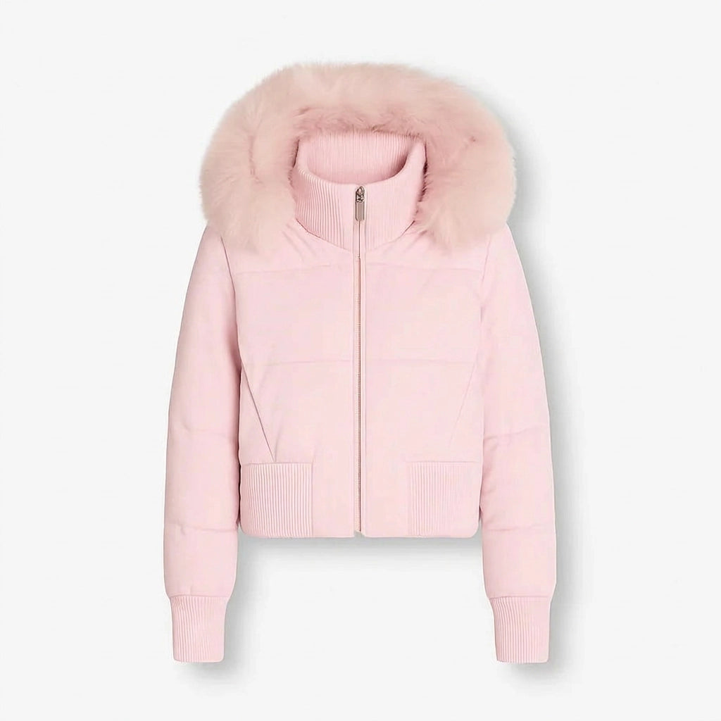 Quilted Jacket with Hood in Cropped Fitted Style Pink 2