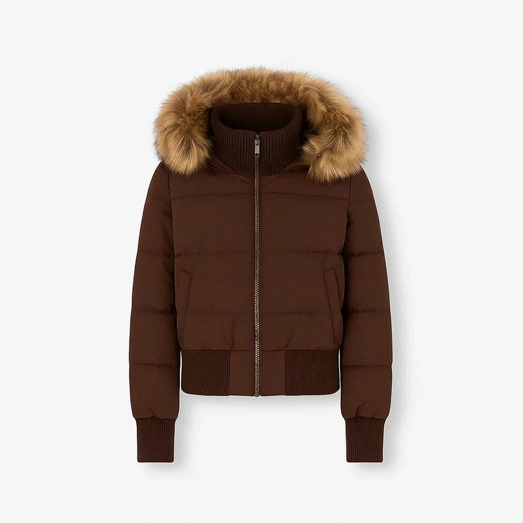 Quilted Jacket with Hood in Cropped Fitted Style Brown 3