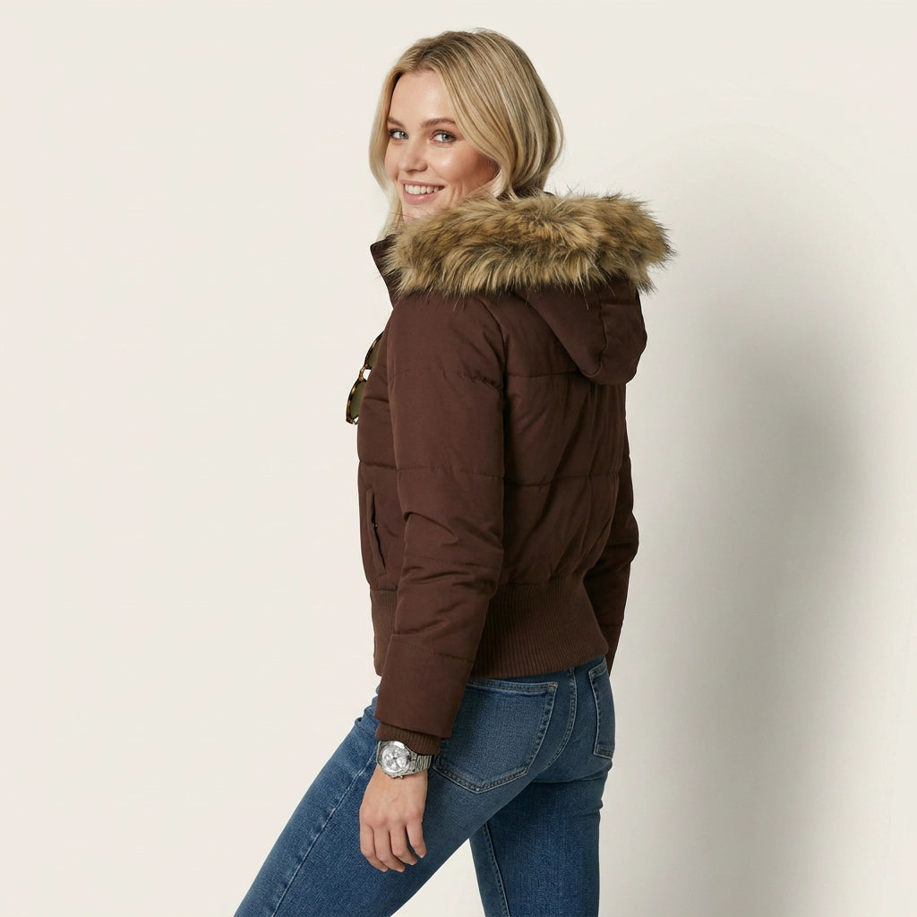 Quilted Jacket with Hood in Cropped Fitted Style Brown 7