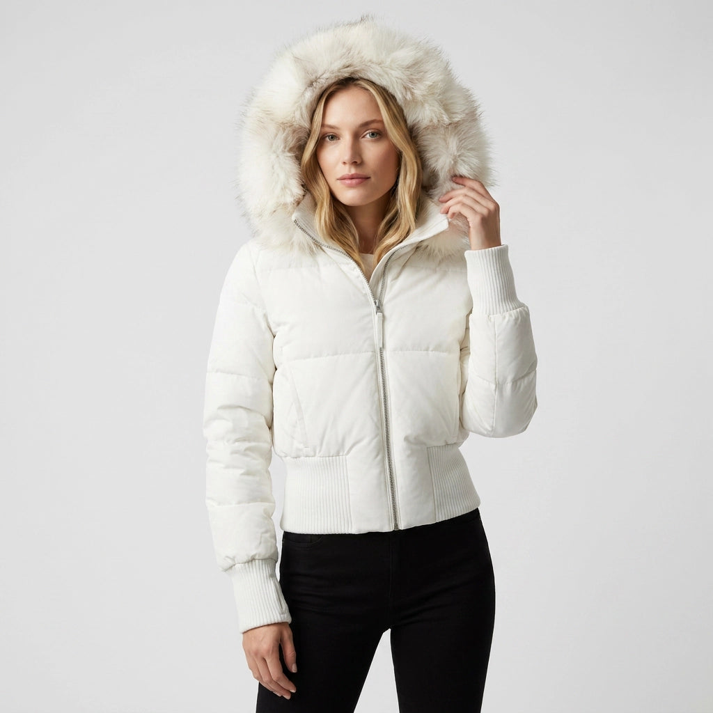 Quilted Jacket with Hood in Cropped Fitted Style White 8