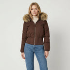 Quilted Jacket with Hood in Cropped Fitted Style Brown 9