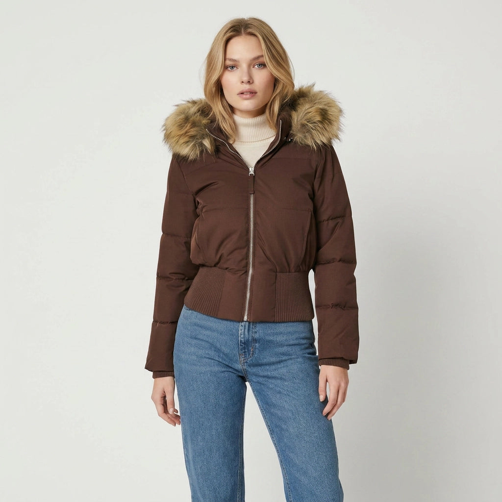 Quilted Jacket with Hood in Cropped Fitted Style Brown 9