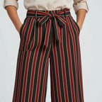 Women’s High Waist Wide Leg Striped Trousers with Tie Belt