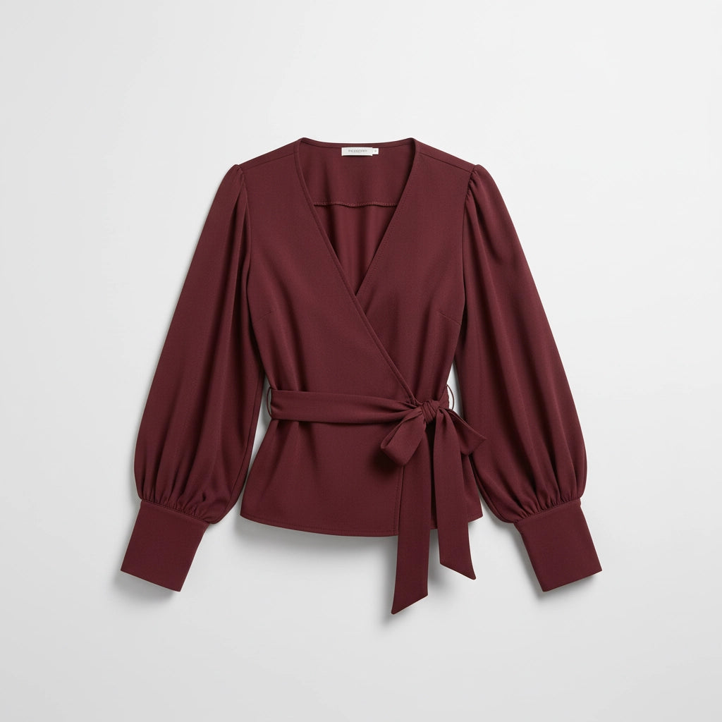Wrap V-Neck Blouse with Puff Sleeves