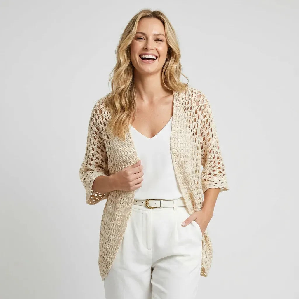 Relaxed Crochet Cardigan Short Sleeve Open Front Beige 4