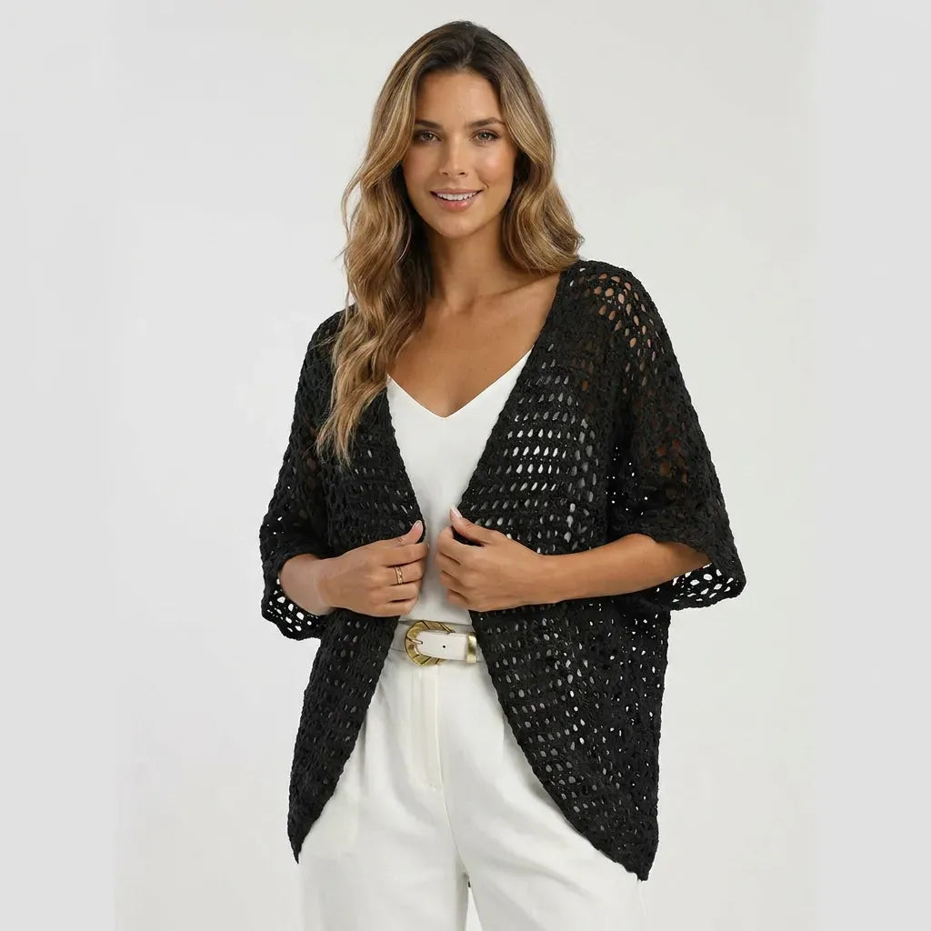 Relaxed Crochet Cardigan Short Sleeve Open Front Black 5