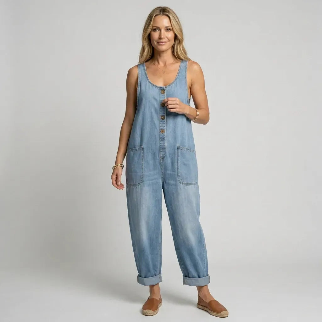 Relaxed Denim Jumpsuit with Wide Leg and Pockets Light Blue 3