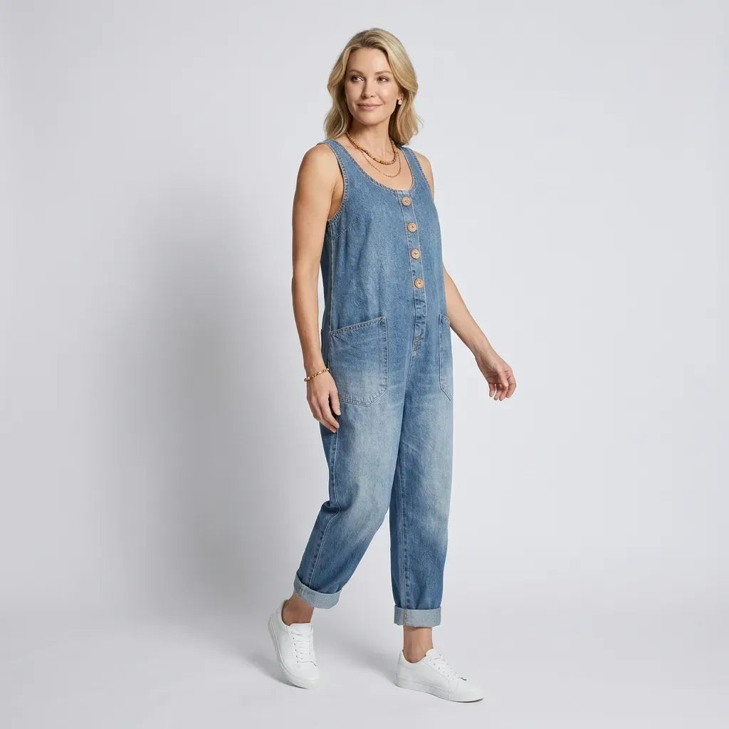 Relaxed Denim Jumpsuit with Wide Leg and Pockets Blue 4