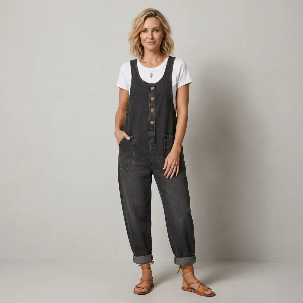 Relaxed Denim Jumpsuit with Wide Leg and Pockets Black 5