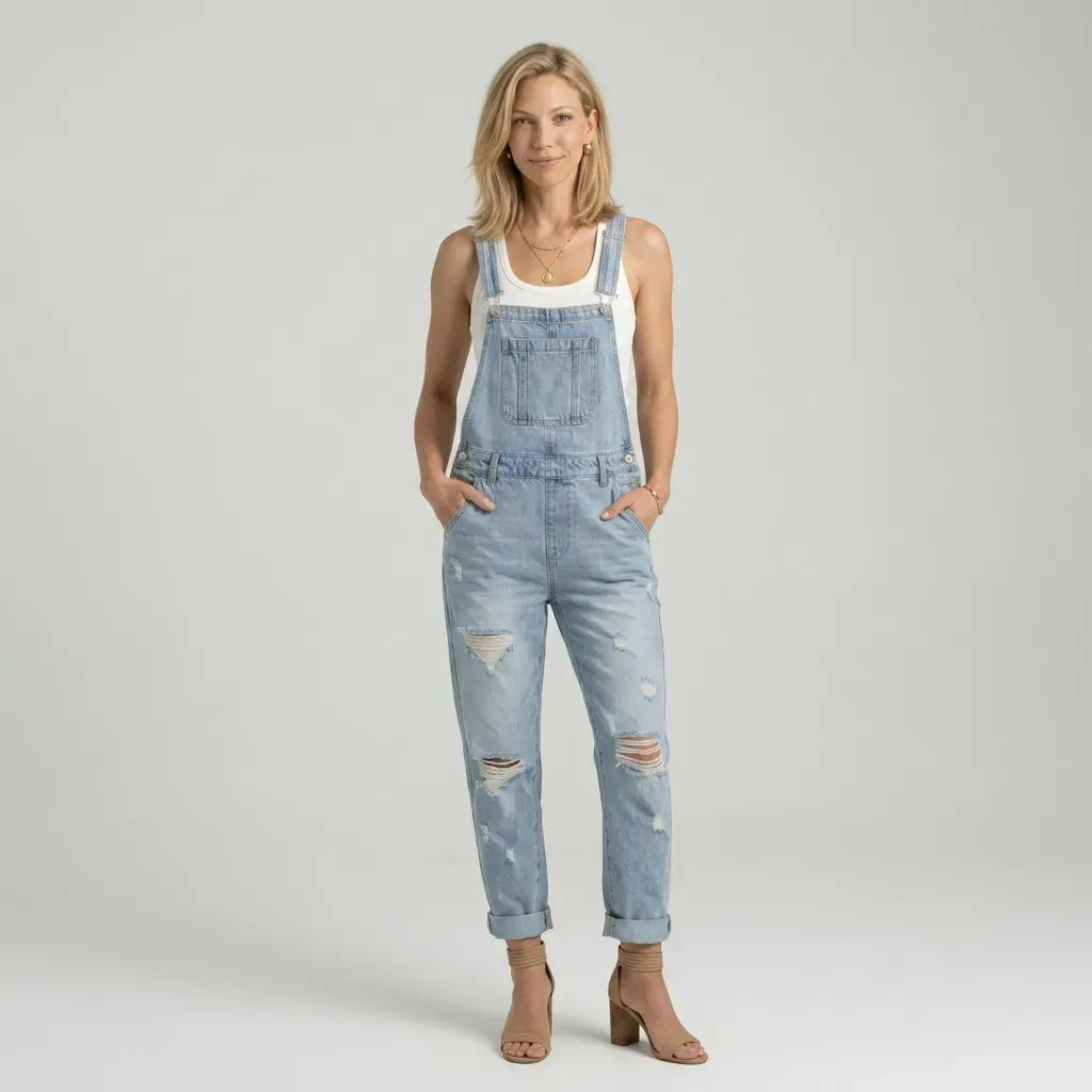Relaxed Distressed Denim Jumpsuit Blue 3