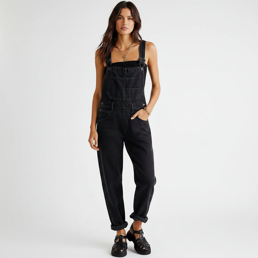 Relaxed Fit Denim Dungarees with Pockets Black 1