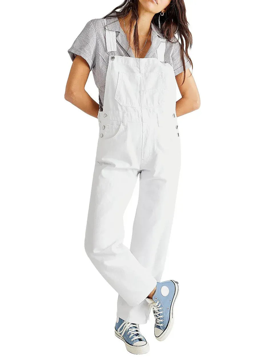 Relaxed Fit Denim Dungarees with Pockets White 2
