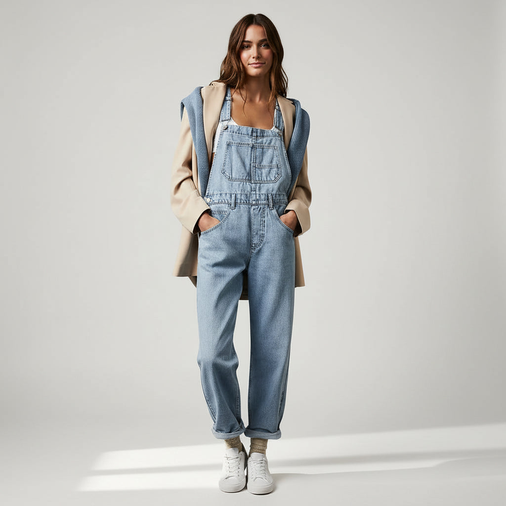 Relaxed Fit Denim Dungarees with Pockets Light Blue 3