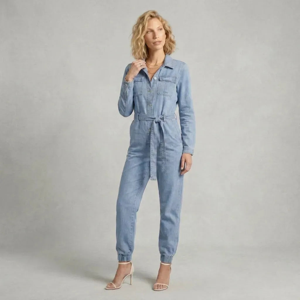 Relaxed Fit Denim Jumpsuit with Belt Blue 2