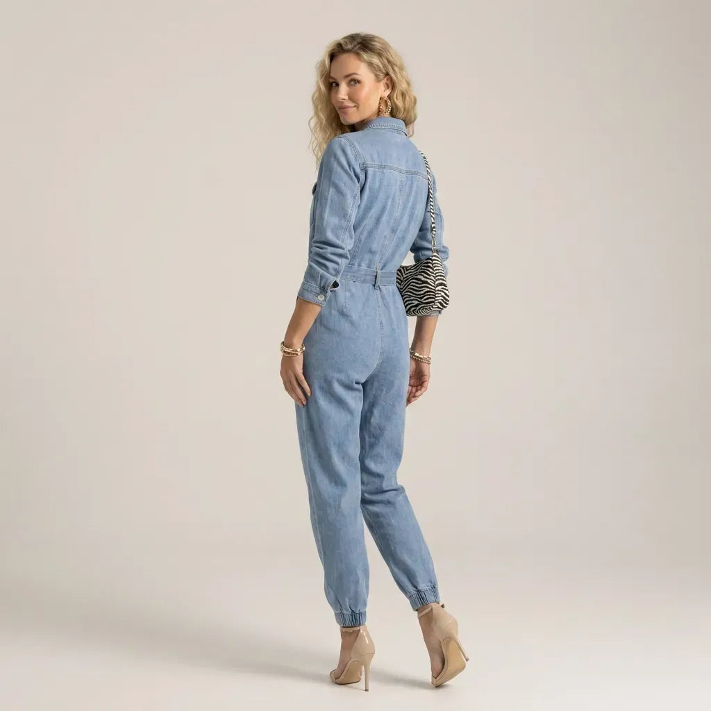 Relaxed Fit Denim Jumpsuit with Belt Blue 4