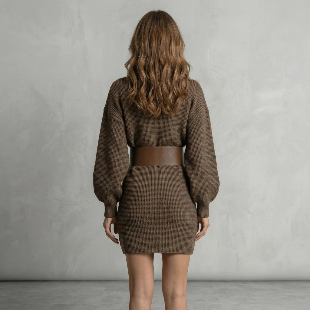 Relaxed Knit Winter Dress with Long Sleeves Brown 3