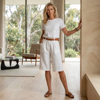 Relaxed Linen Bermuda Shorts Pleated White 3