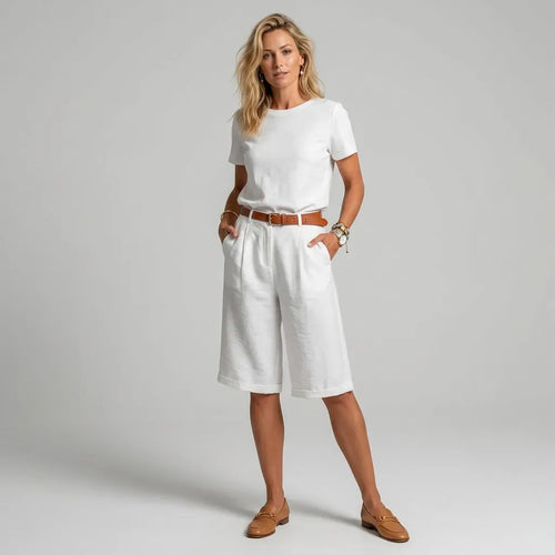 Relaxed Linen Bermuda Shorts Pleated White 5