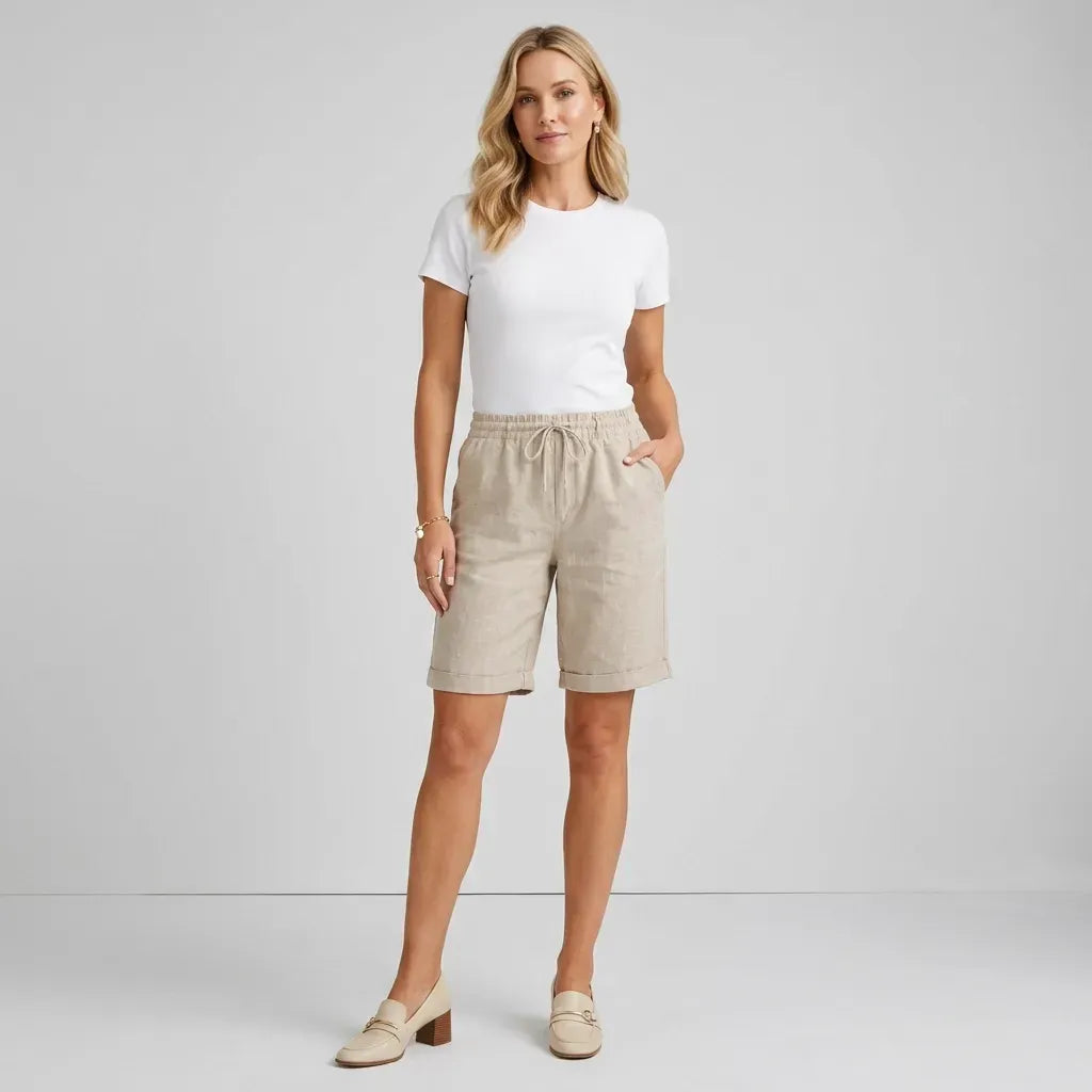 Relaxed Linen Bermuda Shorts with Elastic Waist Beige 4